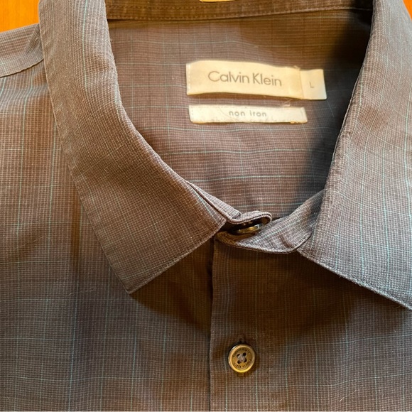 Calvin Klein - dark navy with black and light teal green plaid - button down - Picture 3 of 8